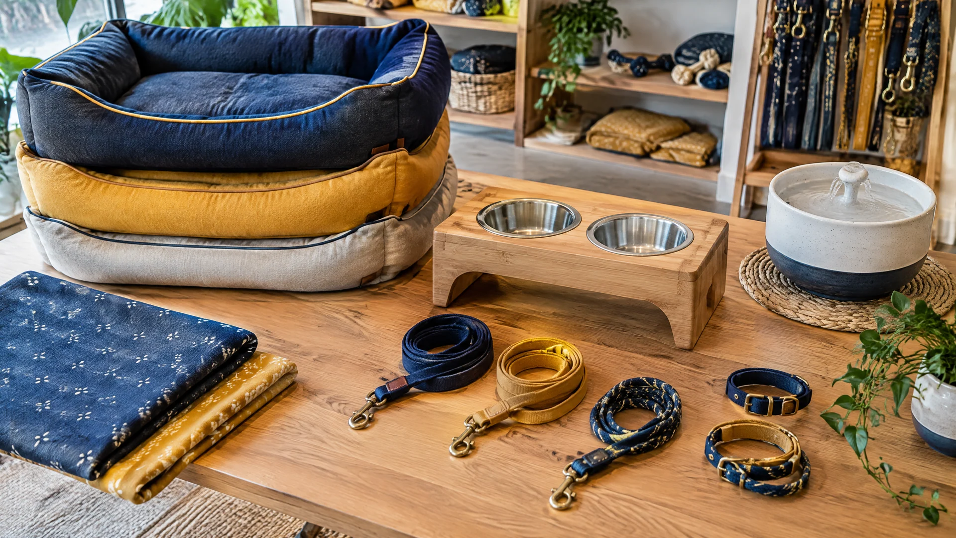 A wood-tone table with stacked dog beds, coiled leashes, a raised feeder and a blue-gray fountain