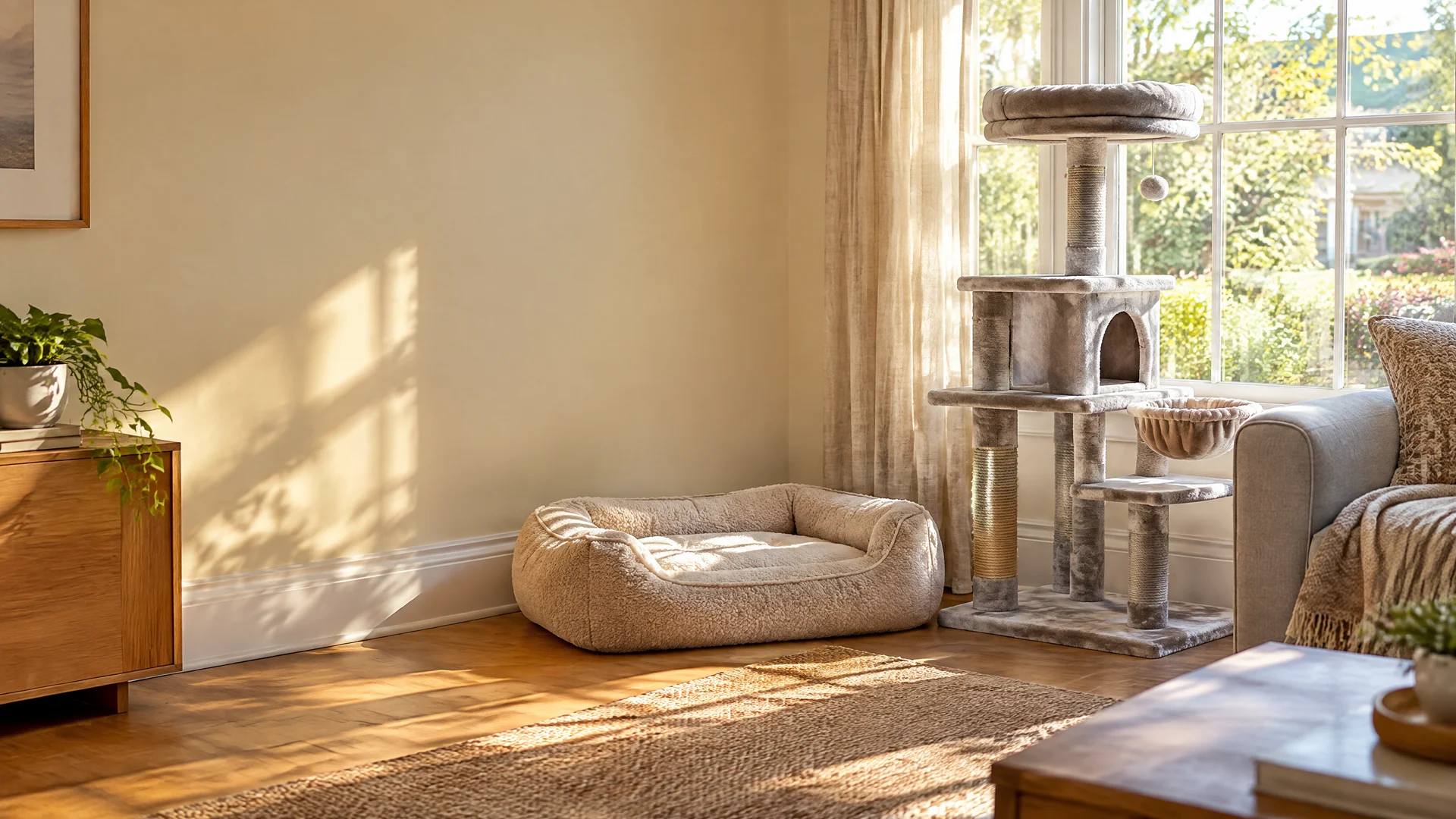 A sunny living room corner with a plush dog bed and a cat tree by the window