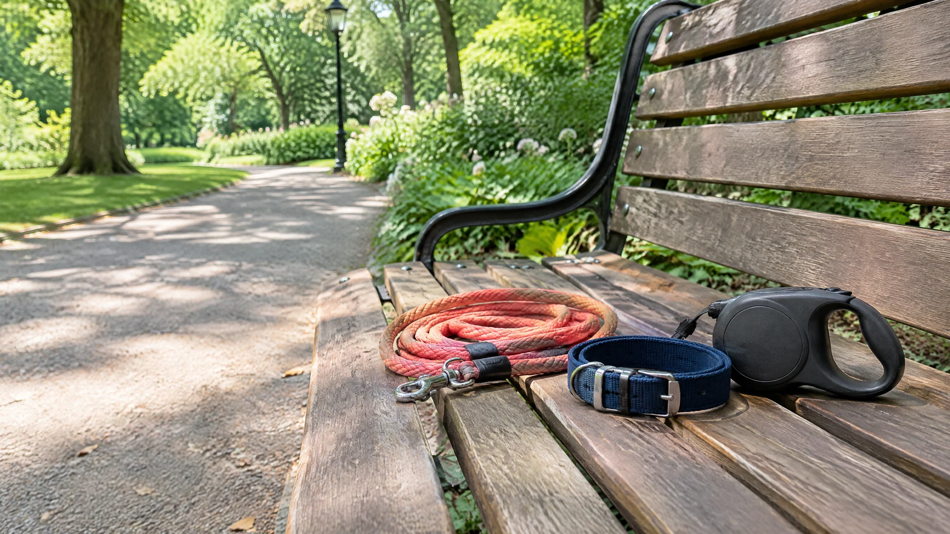 A coiled coral leash, a navy collar and a retractable leash resting on a park bench