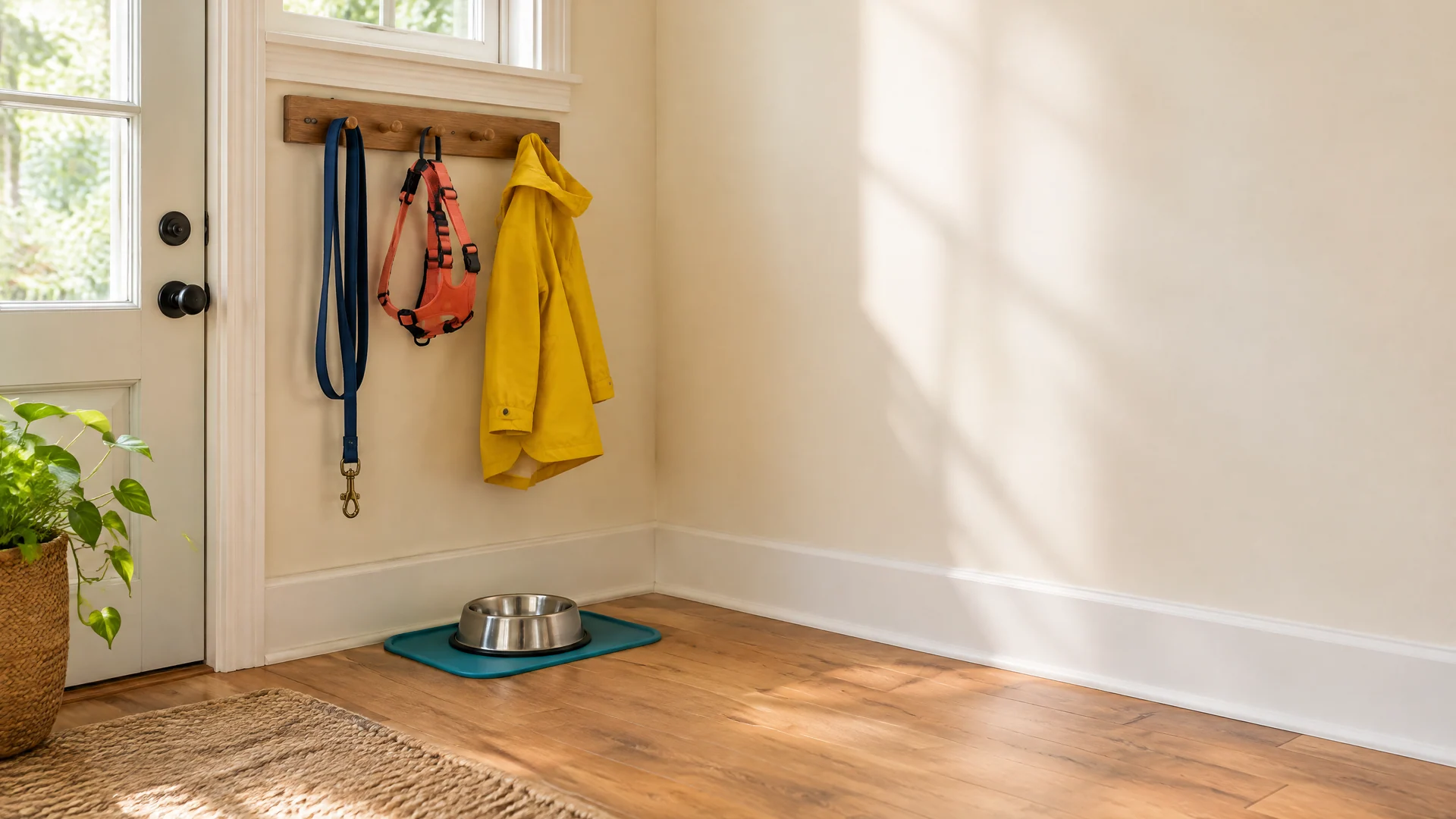 A bright entryway with a leash, harness and jacket on wall hooks and a silver-tone bowl on a teal mat